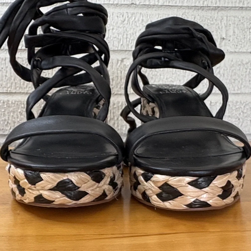 Vince Camuto Roreka Black Leather Platform Strappy Sandals Size 7.5 Raffia Heel